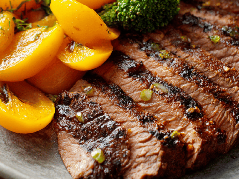 Bavette grelhada com brócolis e pimentão