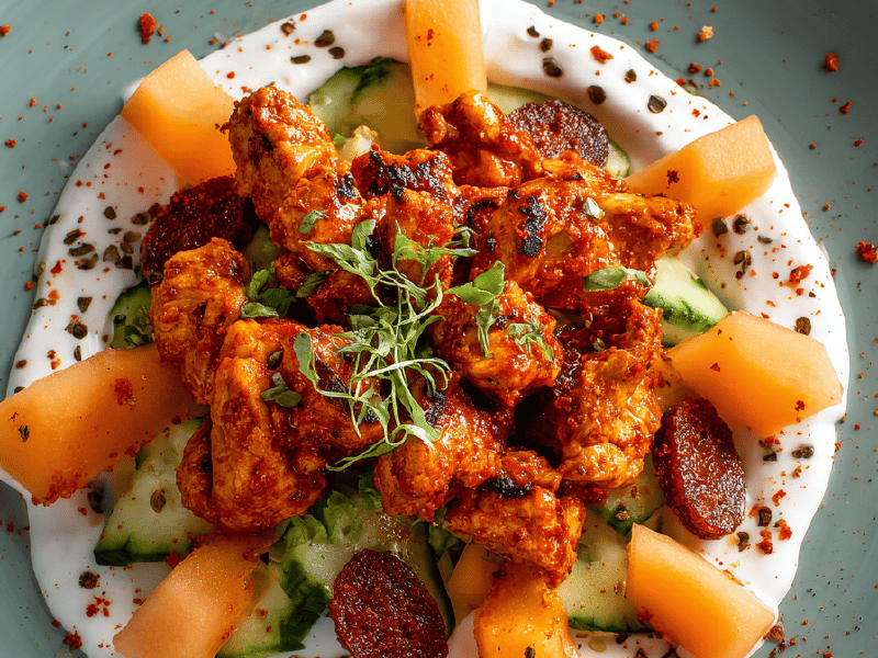 Frango picante com melão e linguiça