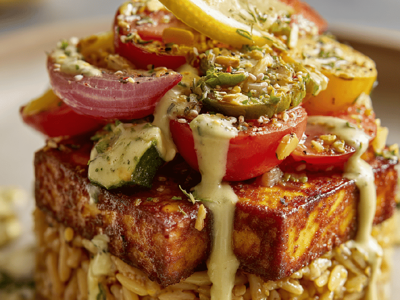 Millefeuille de tofu com orzo tostado