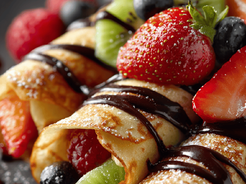 Panquecas de frutas e chocolate