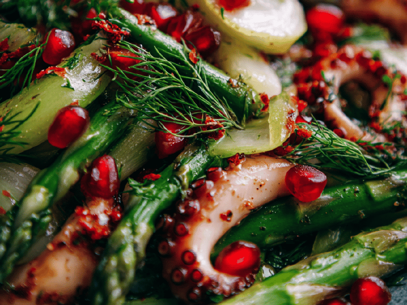 Salada de Feno, Aspargos e Polvo Grelhado