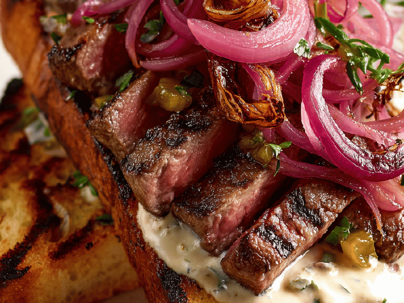 Sanduíche de carne e bulbo marinado