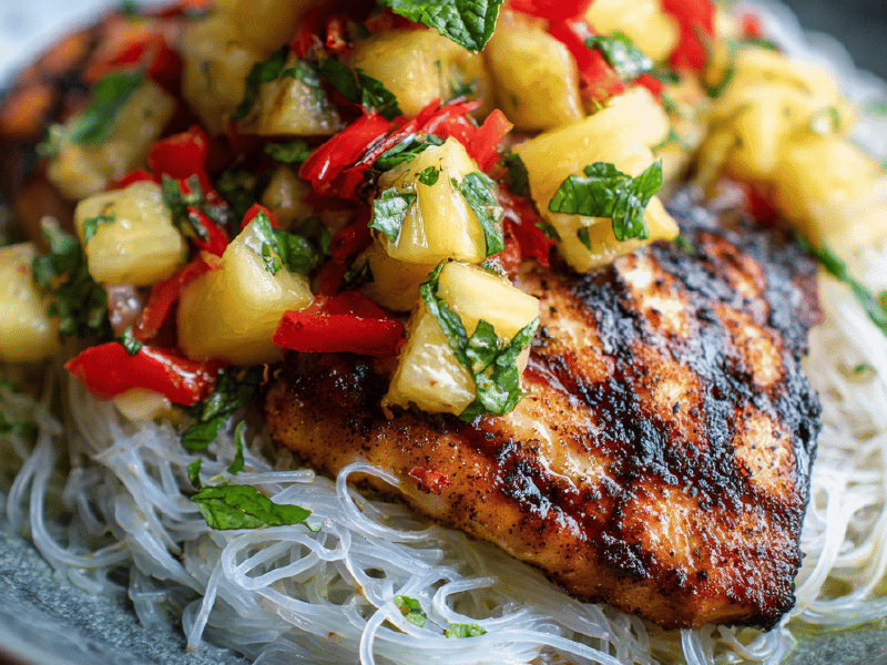 Tilápia grelhada com vermicelli e salsa de abacaxi