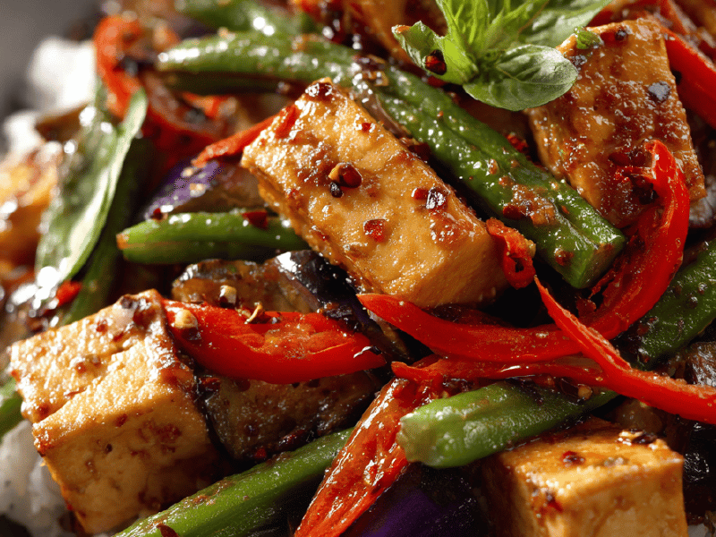 Tofu e legumes fritos asiáticos